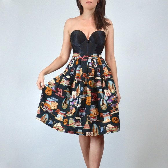 Vintage Retro Inspired Route 66 Novelty Print Pinup Pleated Cotton Skirt, XS - Picture 2 of 7
